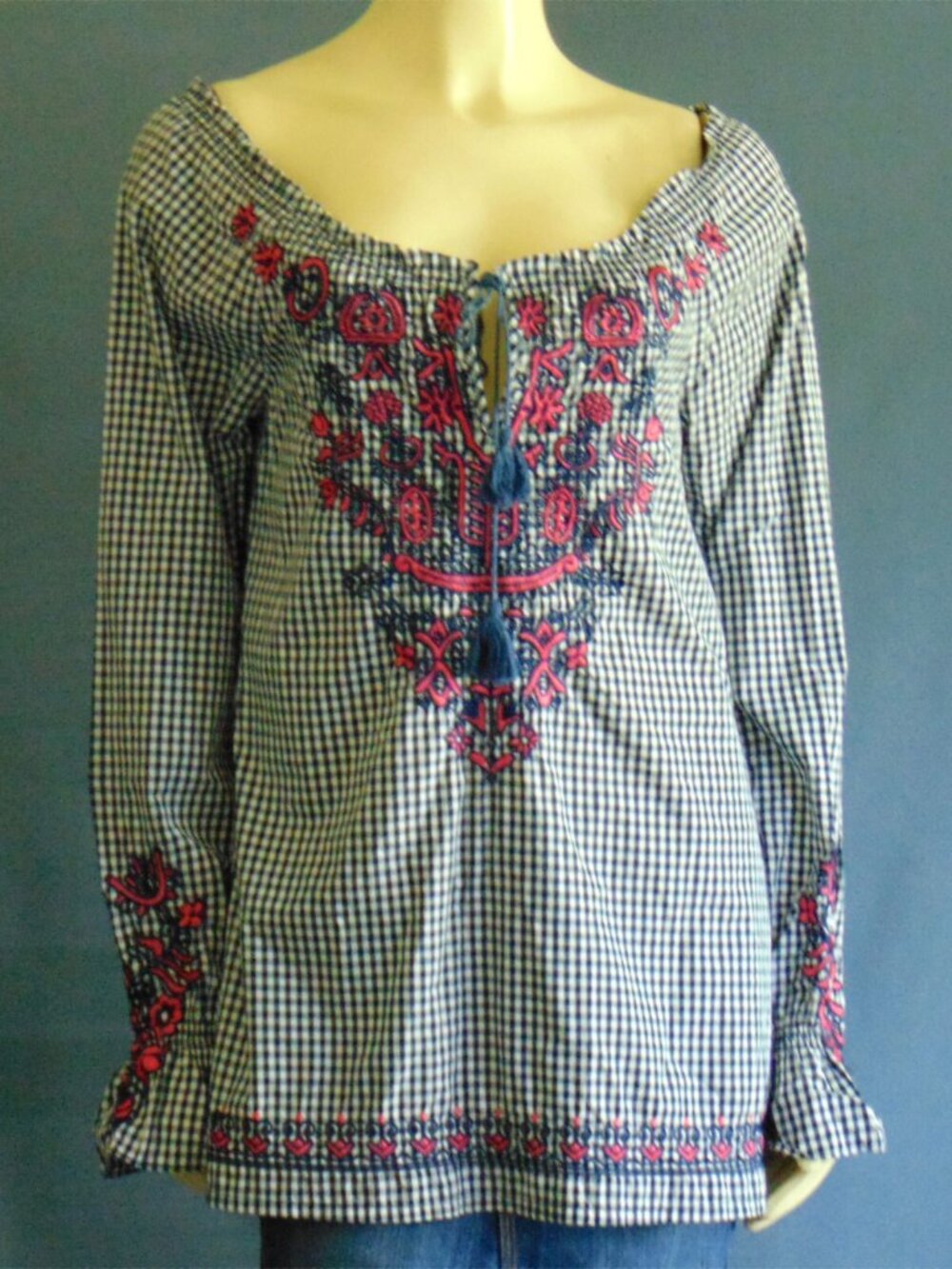 Johnny Was 3J Workshop Navy Check Pink Floral Embroidery Off Shoulder Top Sm